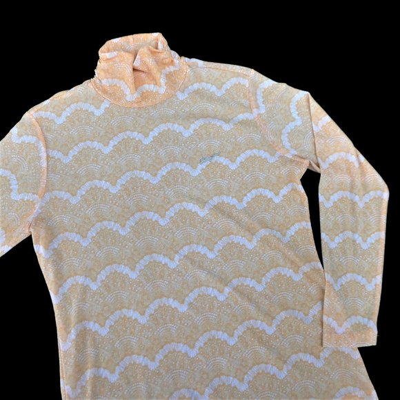 Bogner Mesh Mock Neck Top Stretchy Lite Geo Crystal Logo Light Peach Vintage M - Picture 6 of 9